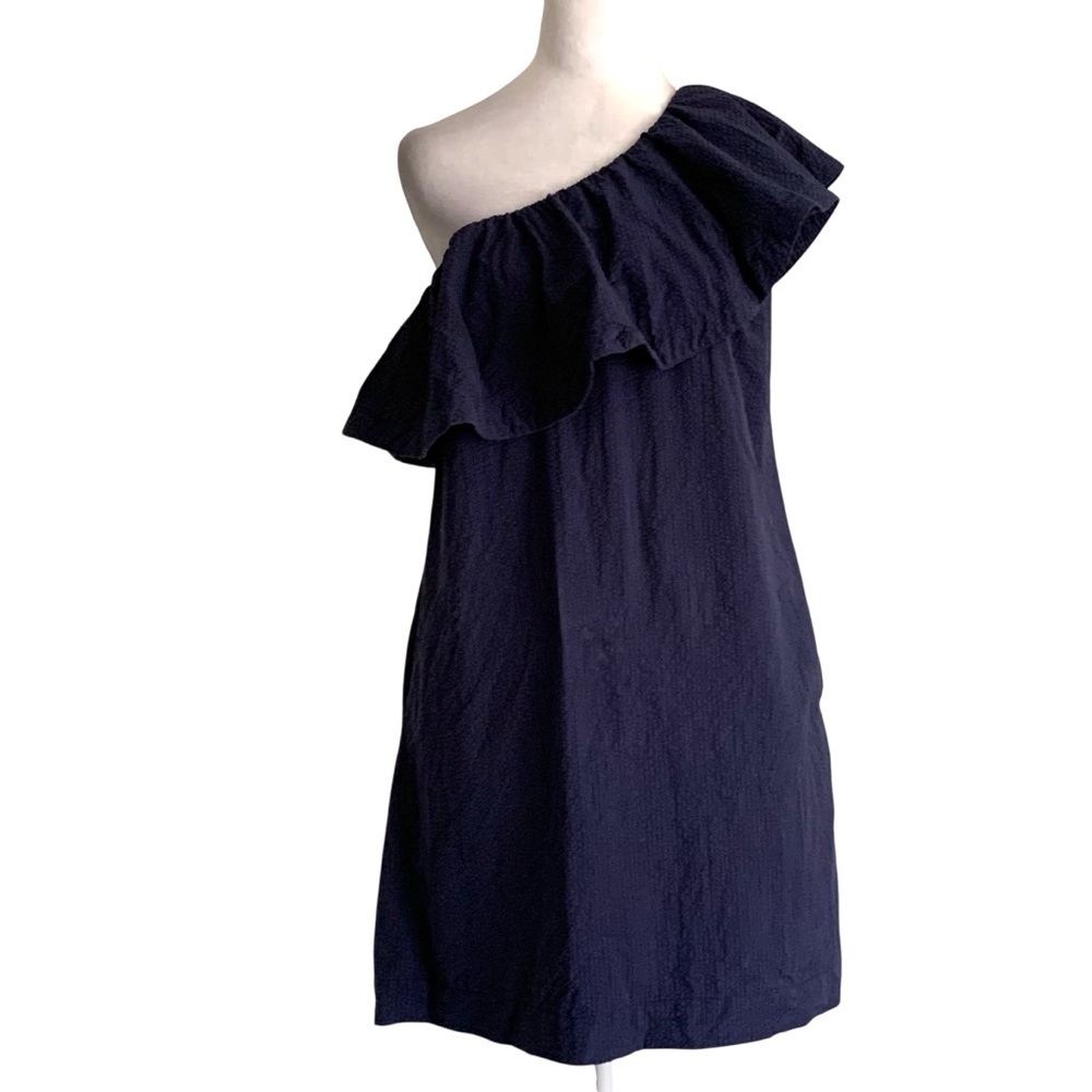 Cuyana Medium Blue One-Shoulder Ruffle Detail Summer Feminine Mini Dress